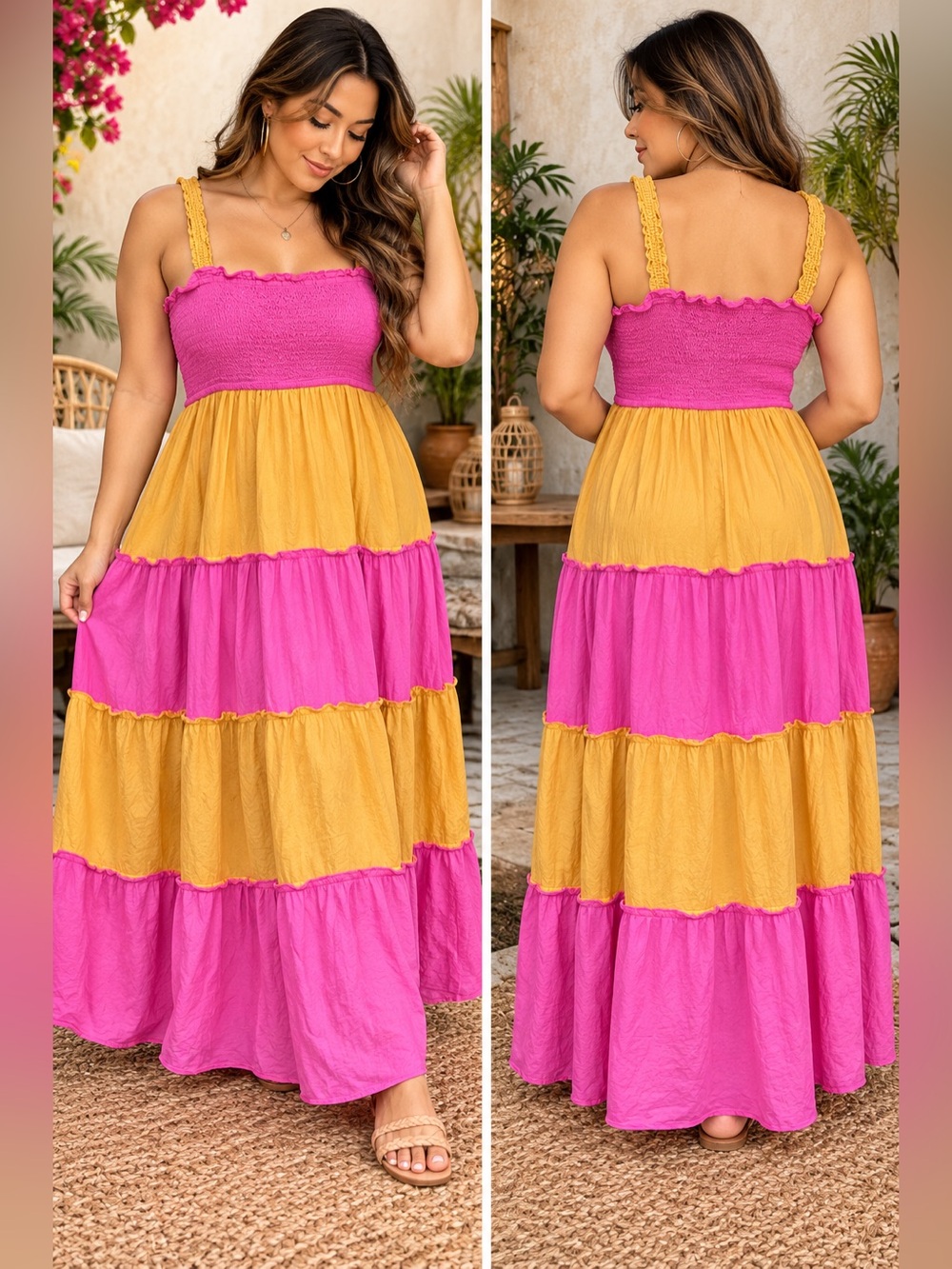 J Gee Maxi Dress Size XL Pink Yellow Tiered Color Block Smocked